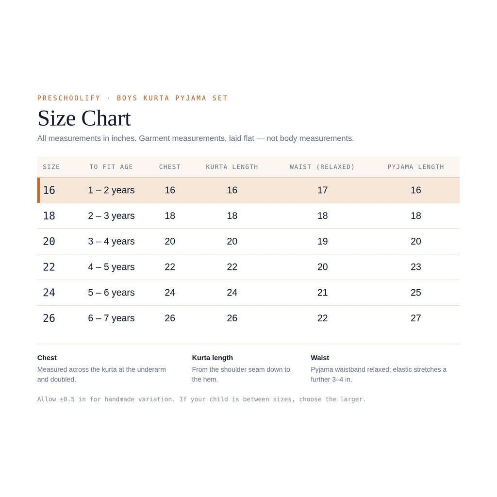 Preschoolify boys size chart in inches, sizes 16 to 26 for ages 1 to 7 years