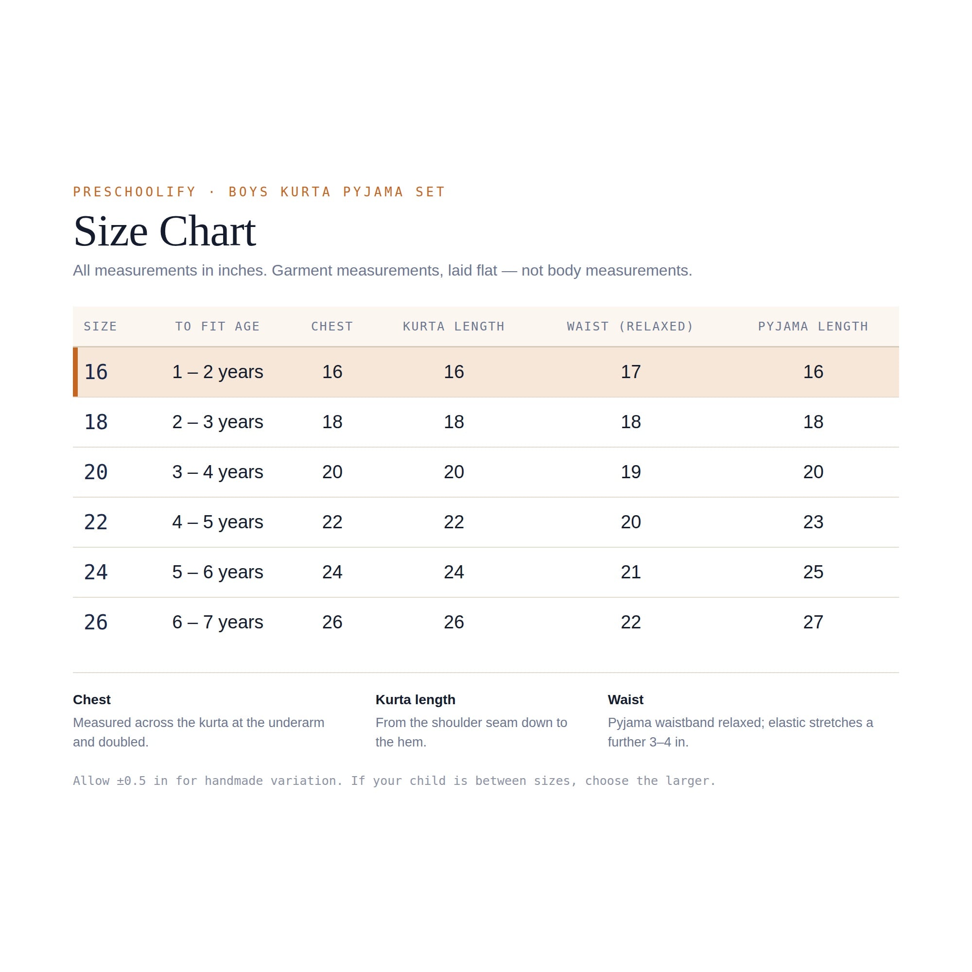 Preschoolify boys kurta pyjama size chart in inches, sizes 16 to 26 for ages 1 to 7 years