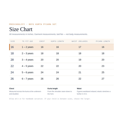 Preschoolify boys size chart in inches, sizes 16 to 26 for ages 1 to 7 years