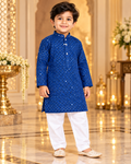 Boys Navy Blue Embroidered Cotton Blend Kurta Pyjama Set