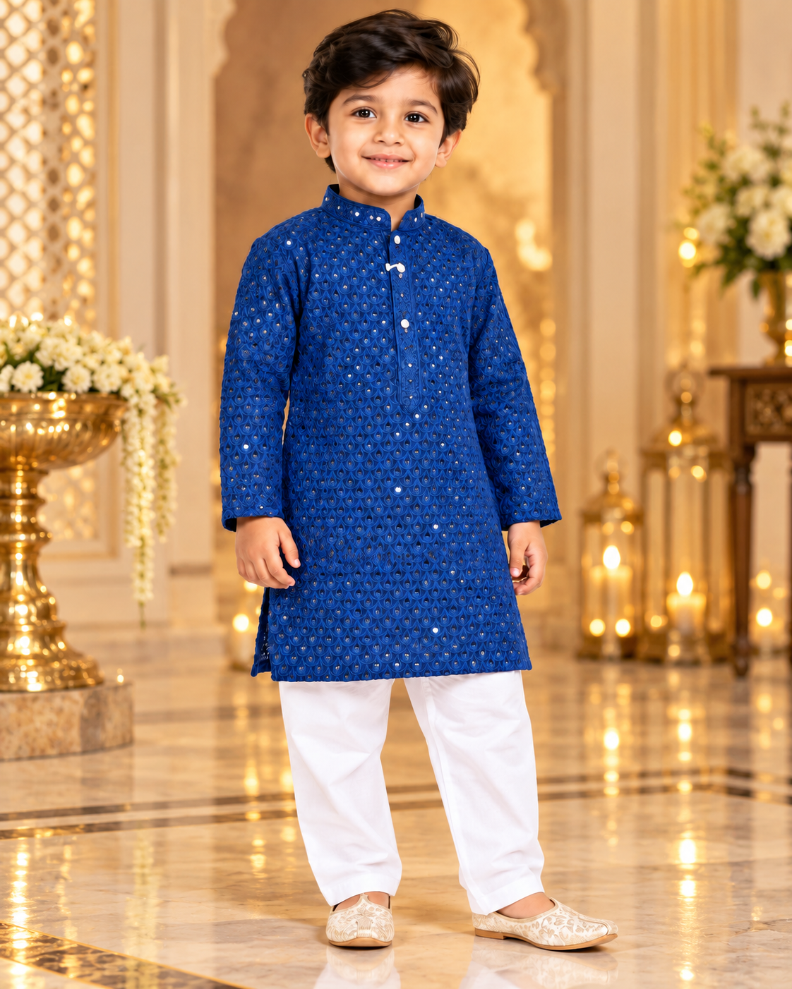 Boys Navy Blue Embroidered Cotton Blend Kurta Pyjama Set