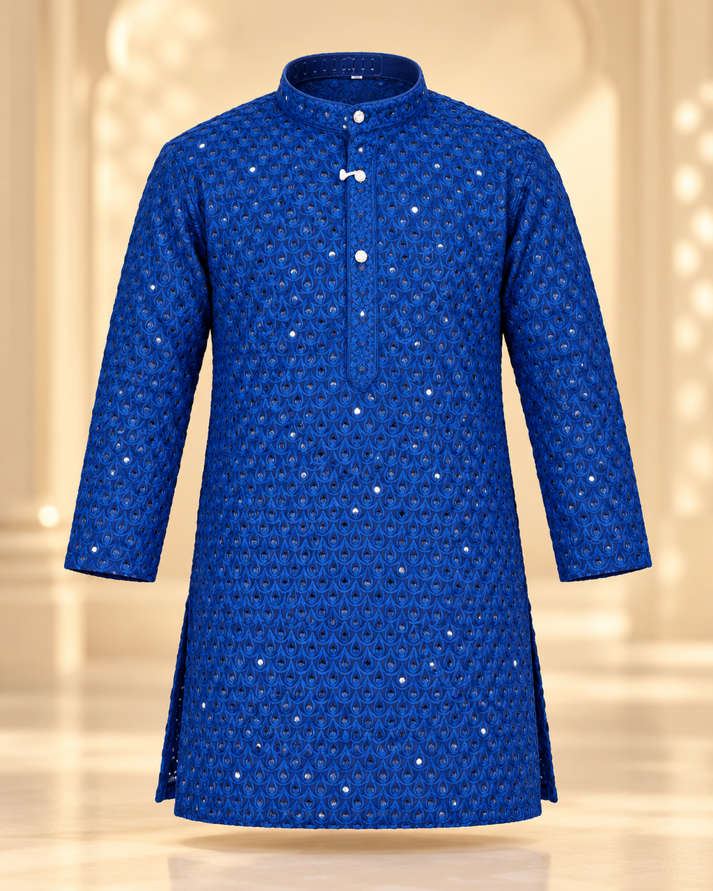 Boys Navy Blue Embroidered Cotton Blend Kurta Pyjama Set