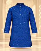 Boys Navy Blue Embroidered Cotton Blend Kurta Pyjama Set