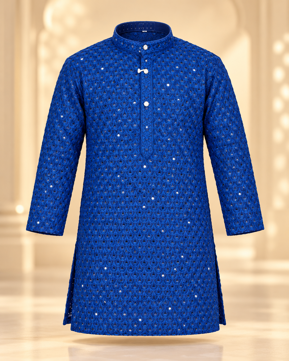 Boys Navy Blue Embroidered Cotton Blend Kurta Pyjama Set