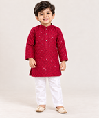 Boys Maroon Embroidered Cotton Blend Kurta Pyjama Set