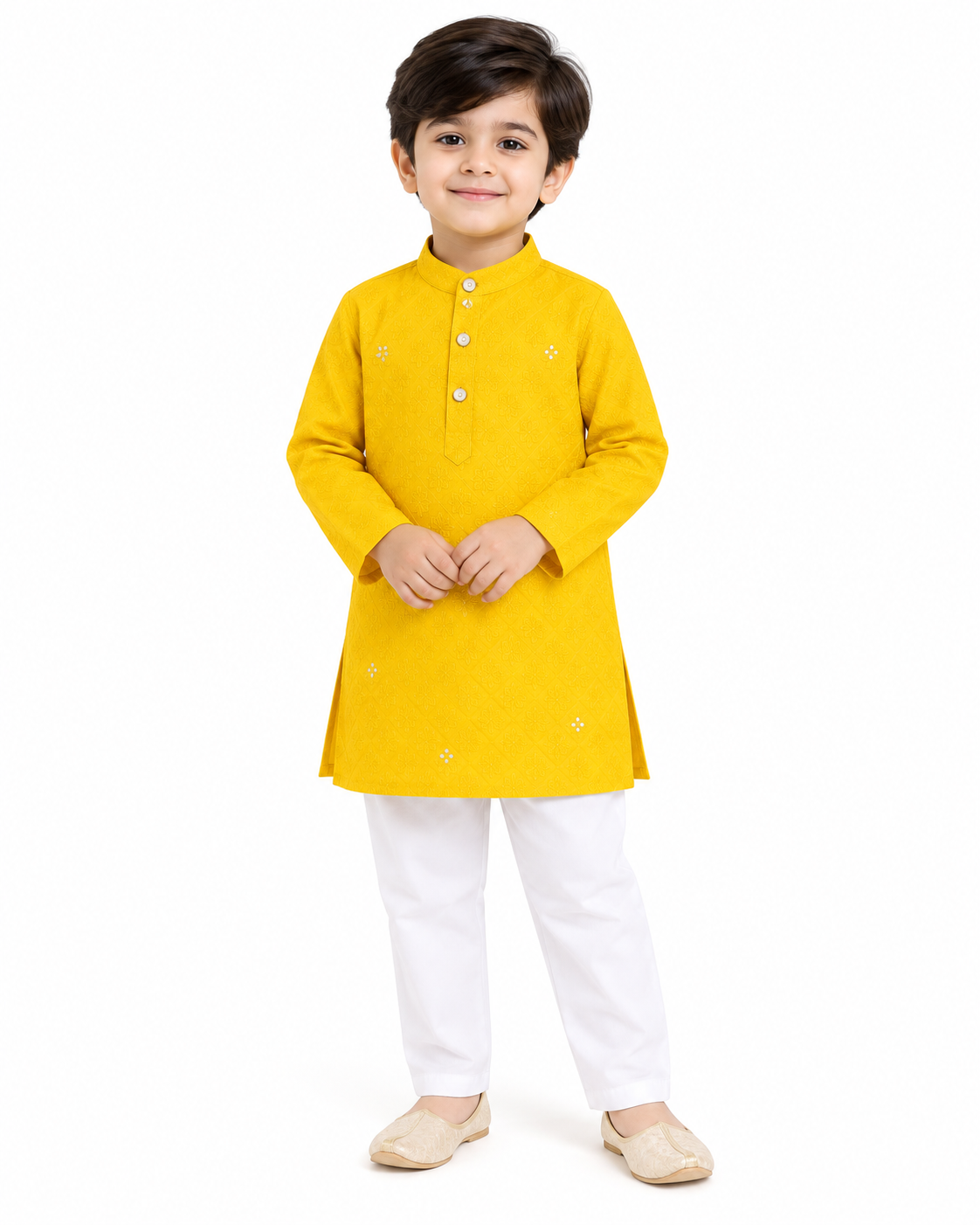 Boys Yellow Embroidered Cotton Blend Kurta Pyjama Set