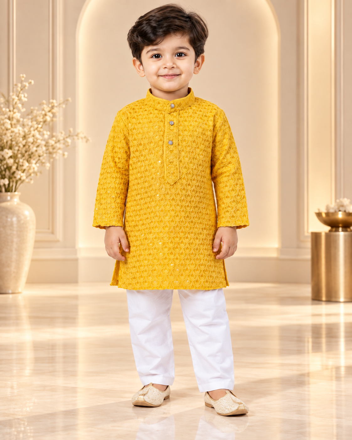 Boys Yellow Embroidered Cotton Blend Kurta Pyjama Set