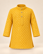 Boys Yellow Embroidered Cotton Blend Kurta Pyjama Set