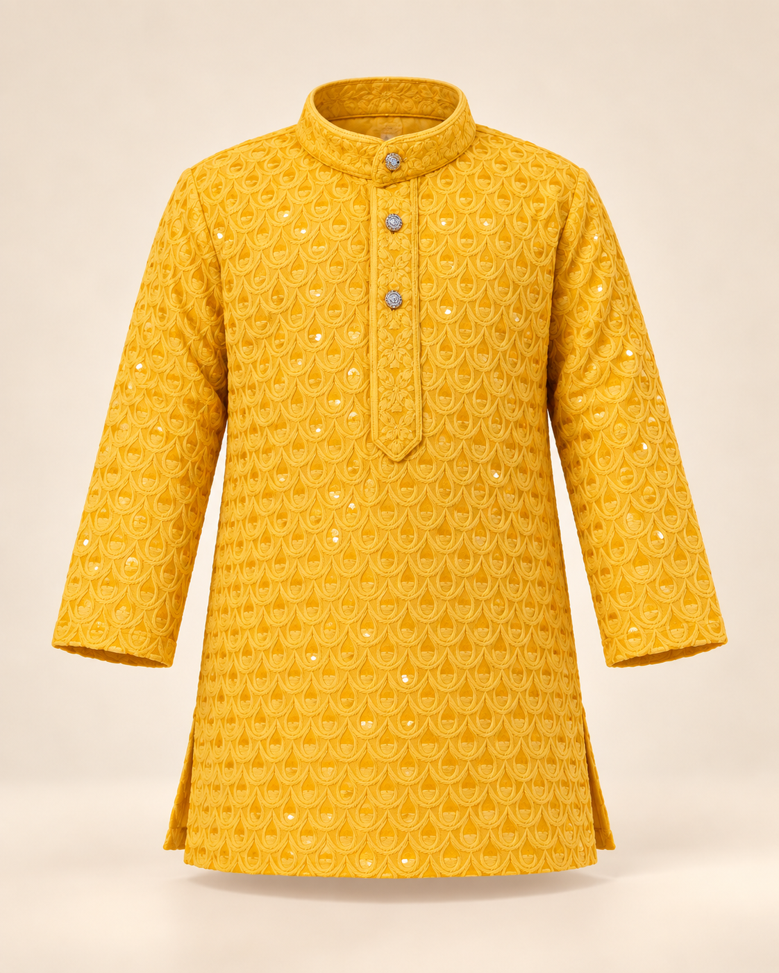 Boys Yellow Embroidered Cotton Blend Kurta Pyjama Set