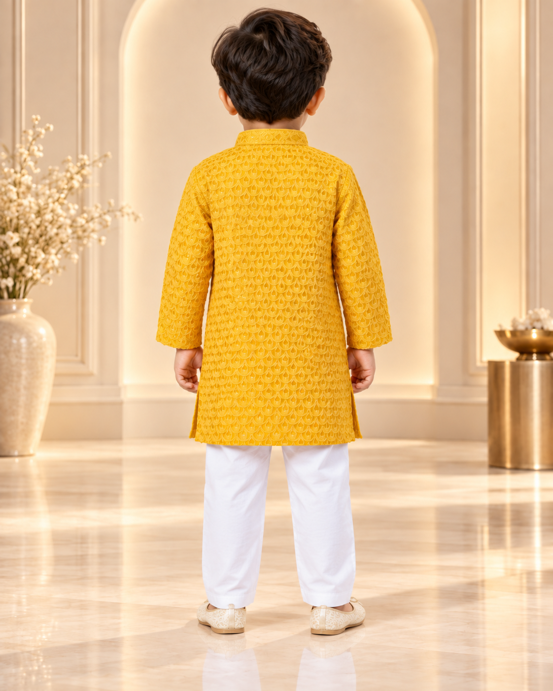 Boys Yellow Embroidered Cotton Blend Kurta Pyjama Set