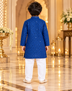 Boys Navy Blue Embroidered Cotton Blend Kurta Pyjama Set
