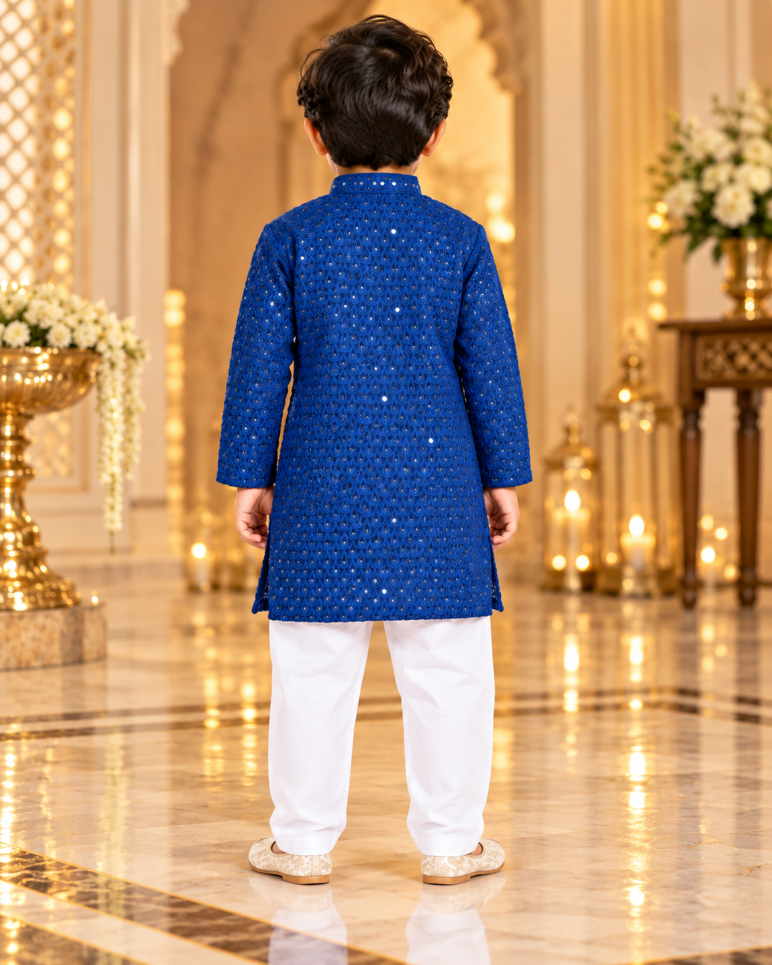 Boys Navy Blue Embroidered Cotton Blend Kurta Pyjama Set