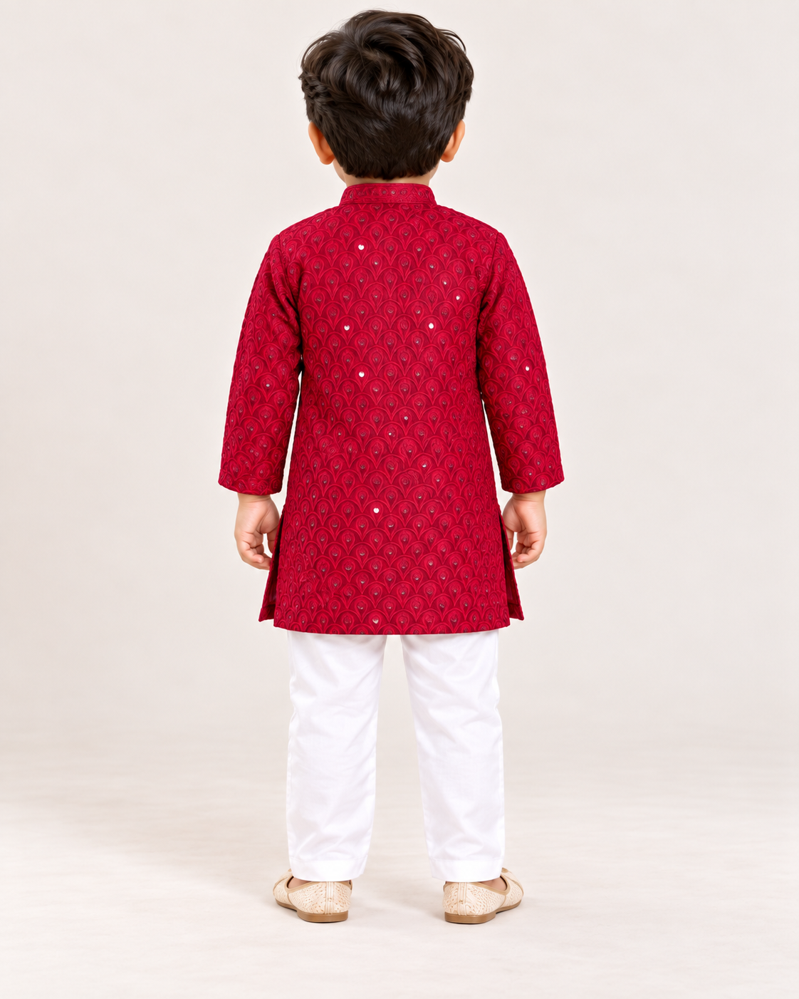 Boys Maroon Embroidered Cotton Blend Kurta Pyjama Set