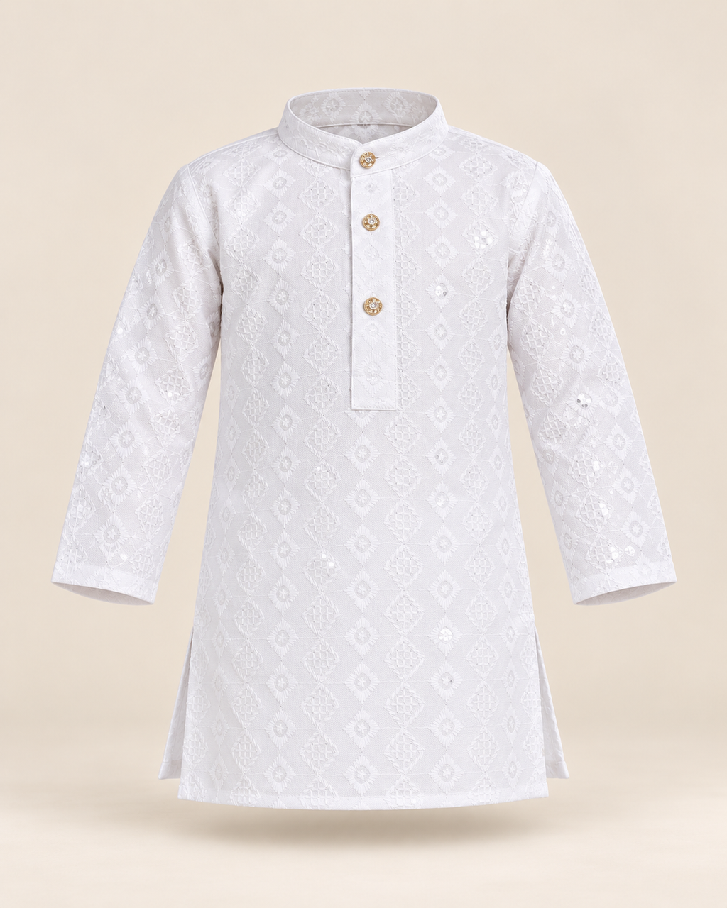 Boys White Embroidered Cotton Blend Kurta Pyjama Set