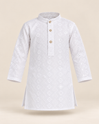 Boys White Embroidered Cotton Blend Kurta Pyjama Set