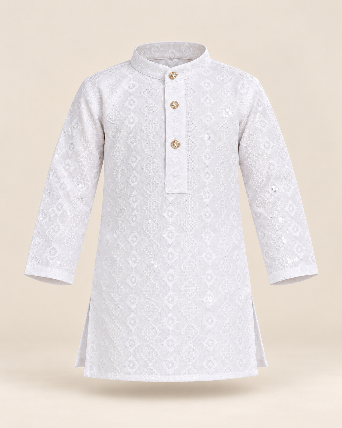 Boys White Embroidered Cotton Blend Kurta Pyjama Set