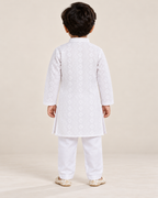 Boys White Embroidered Cotton Blend Kurta Pyjama Set