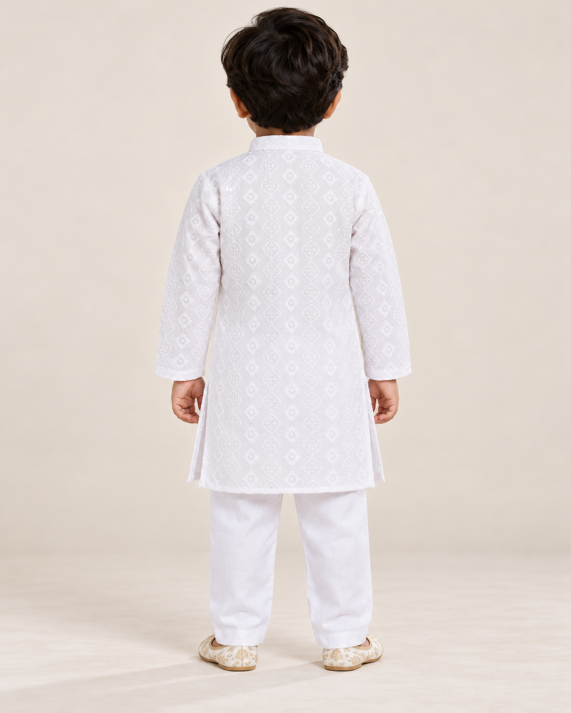 Boys White Embroidered Cotton Blend Kurta Pyjama Set