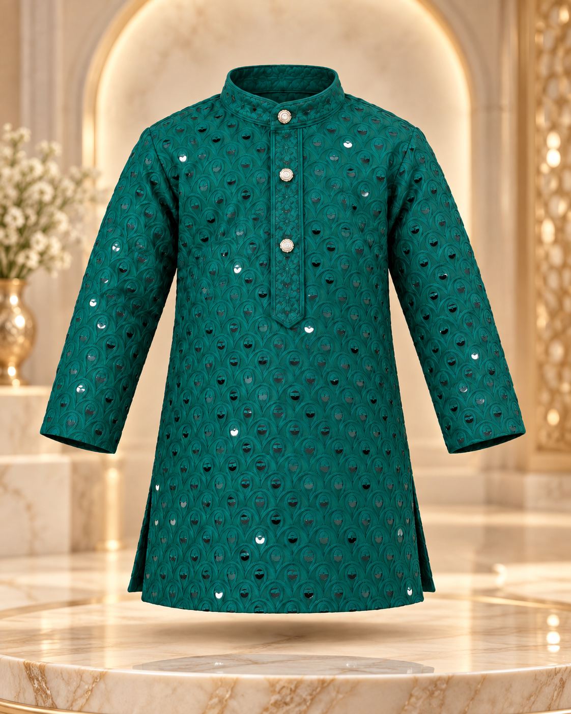 Boys Green Embroidered Cotton Blend Kurta Pyjama Set