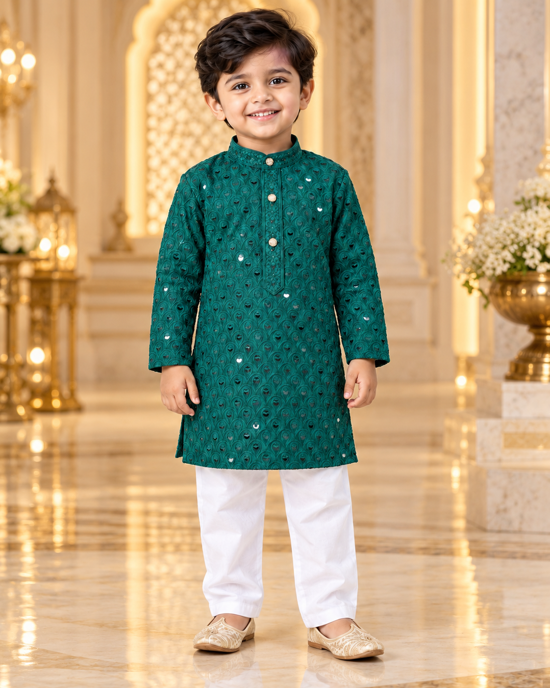 Boys Green Embroidered Cotton Blend Kurta Pyjama Set