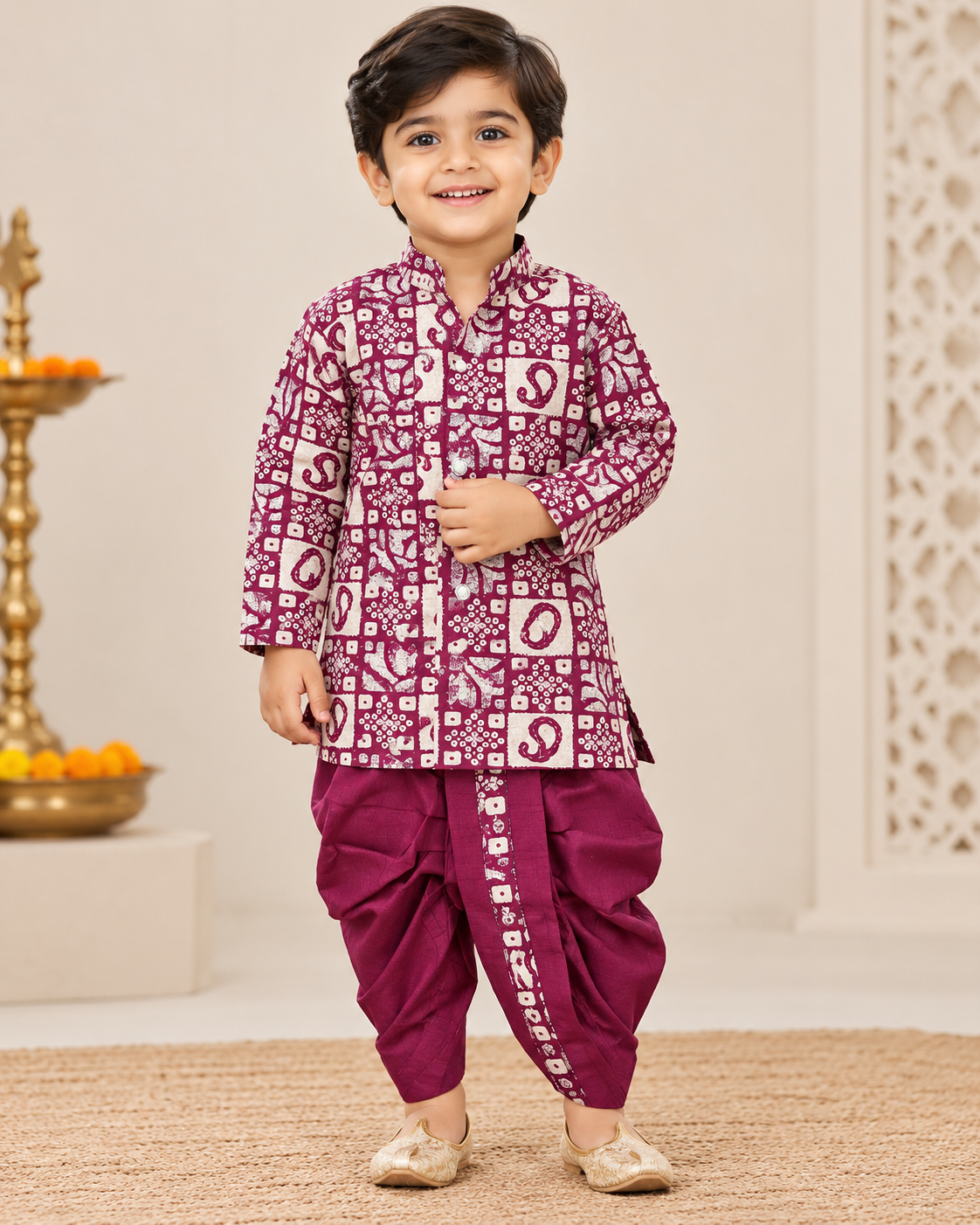 Boys Maroon Bandhani Print Kurta Dhoti Set
