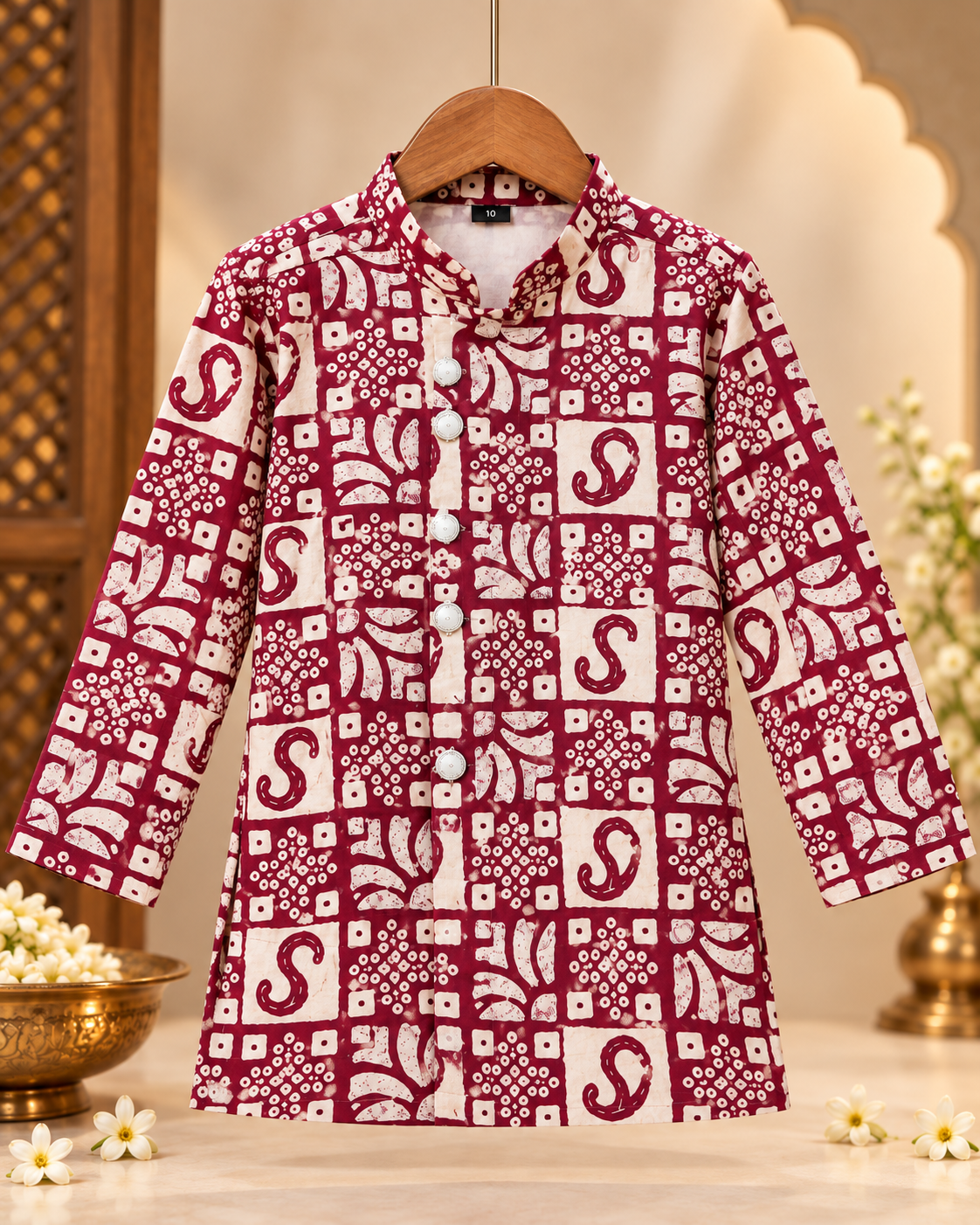 Boys Maroon Bandhani Print Kurta Dhoti Set