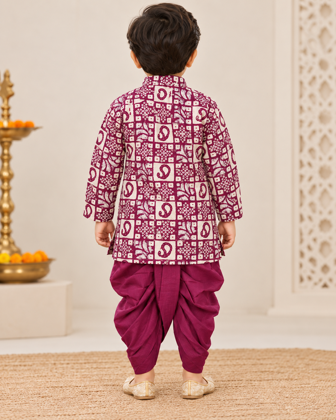 Boys Maroon Bandhani Print Kurta Dhoti Set