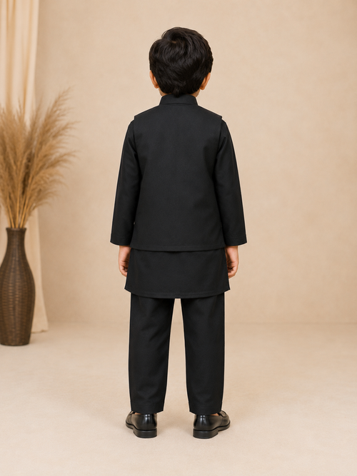 Boys Black Embroidered Nehru Jacket Kurta Pyjama Set