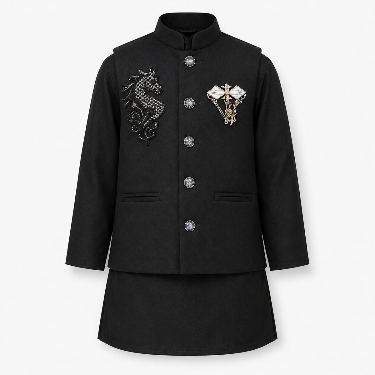 Boys Black Embroidered Nehru Jacket Kurta Pyjama Set