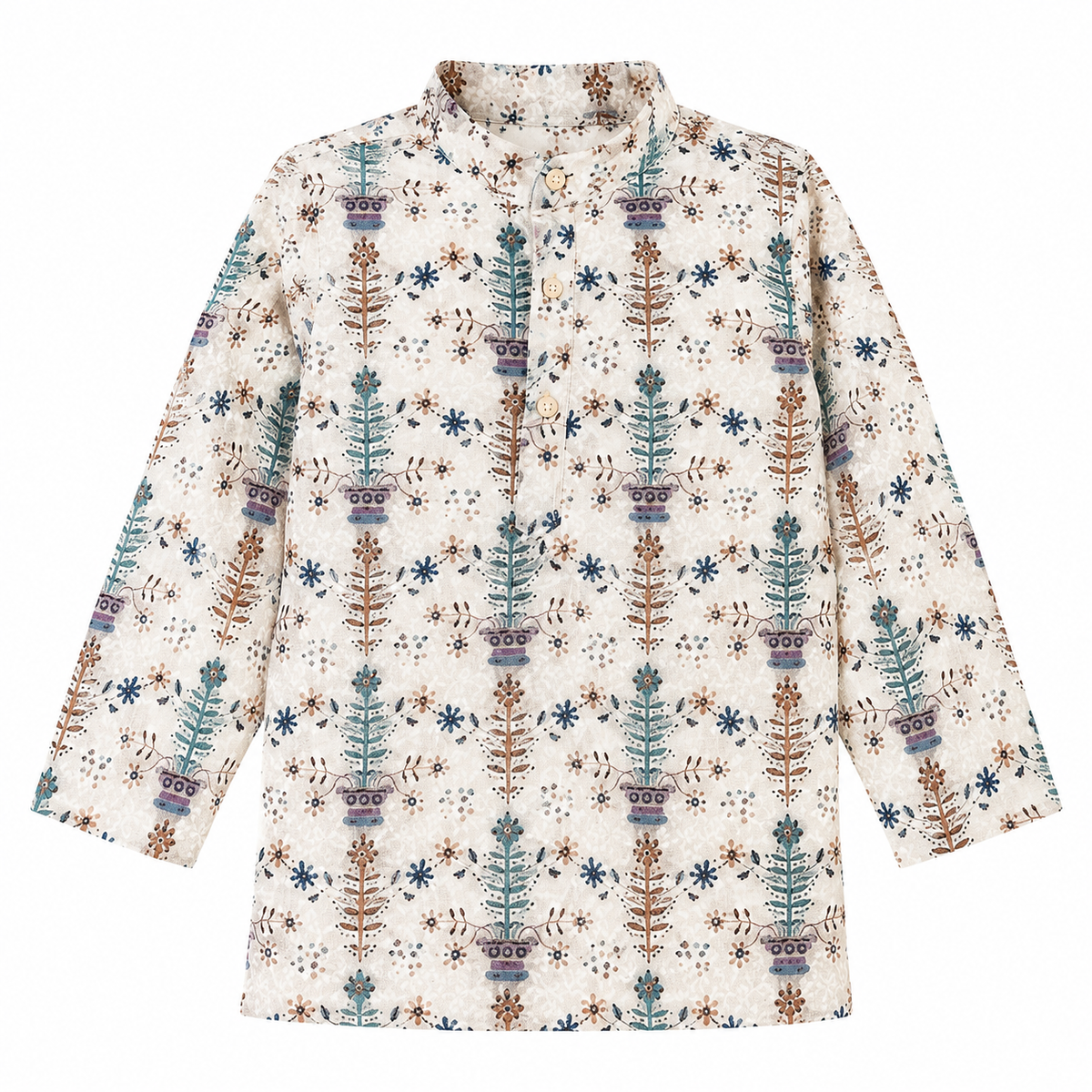 Boys Cream Floral Print Cotton Blend Kurta Pyjama Set