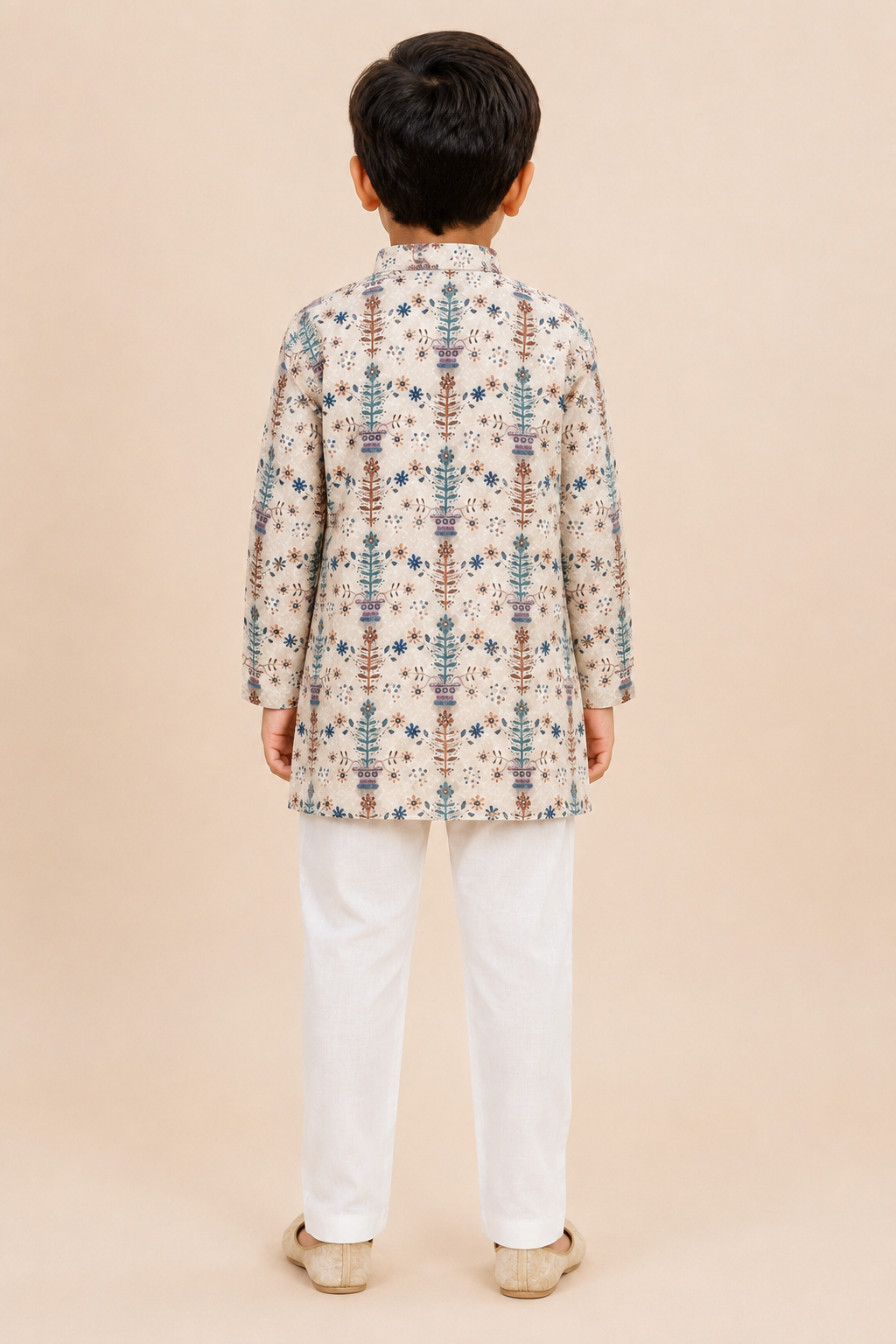 Boys Cream Floral Print Cotton Blend Kurta Pyjama Set