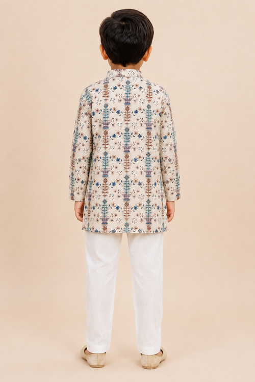 Boys Cream Floral Print Cotton Blend Kurta Pyjama Set