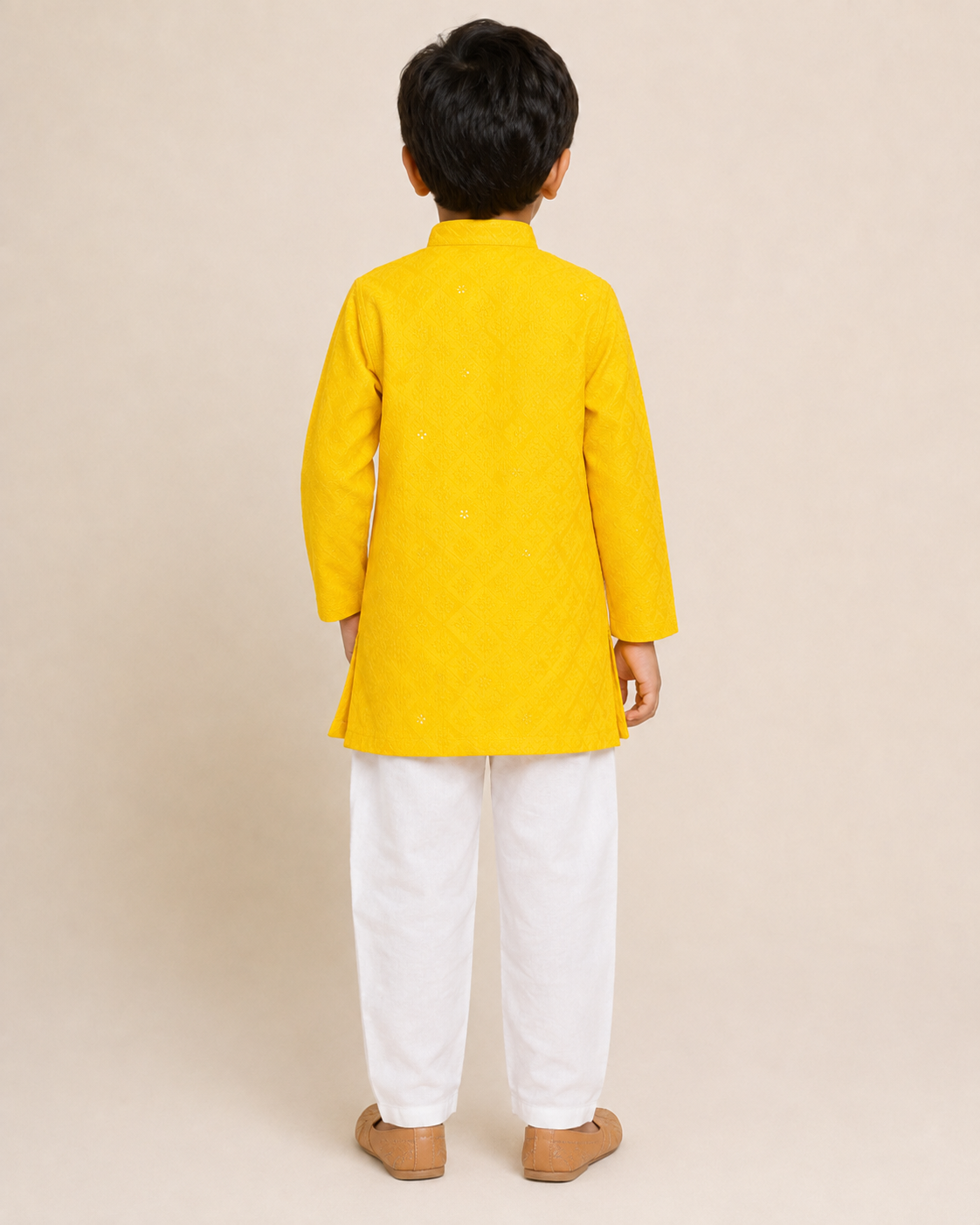 Boys Yellow Embroidered Cotton Blend Kurta Pyjama Set