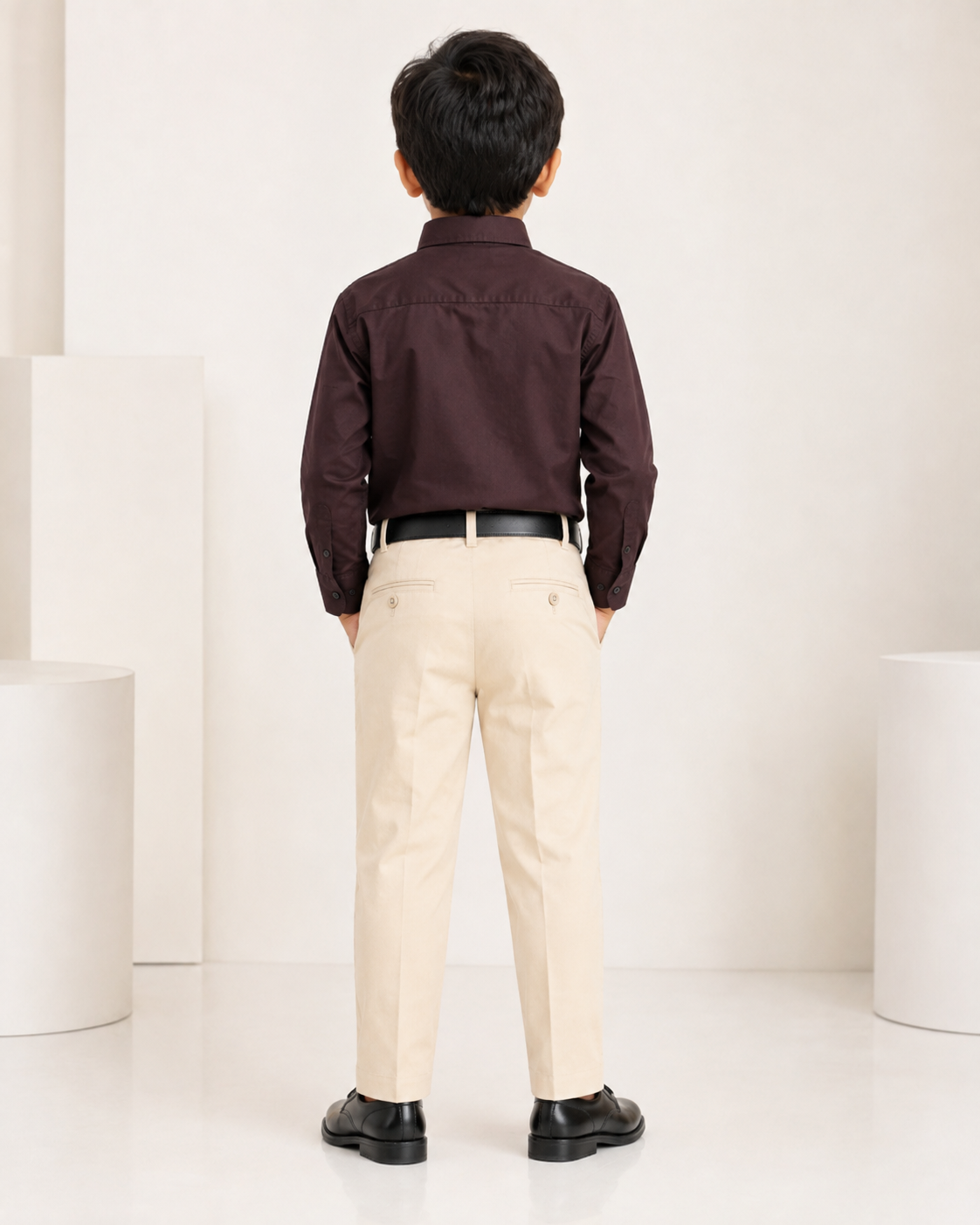 Boys Wine Embroidered Shirt & Beige Trouser Set