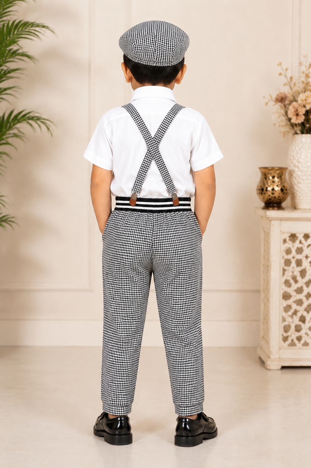 Boys Houndstooth Party Set – Tee, Trousers, Suspenders, Bow Tie & Cap