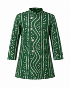 Green bandhani print kurta laid flat showing the white bandhej motifs and mandarin collar