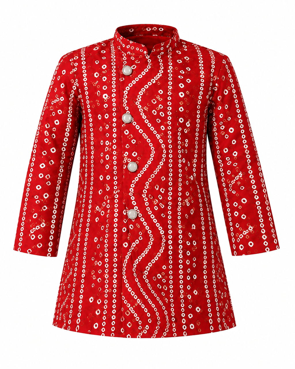 Red bandhani print kurta laid flat showing the white bandhej motifs and mandarin collar