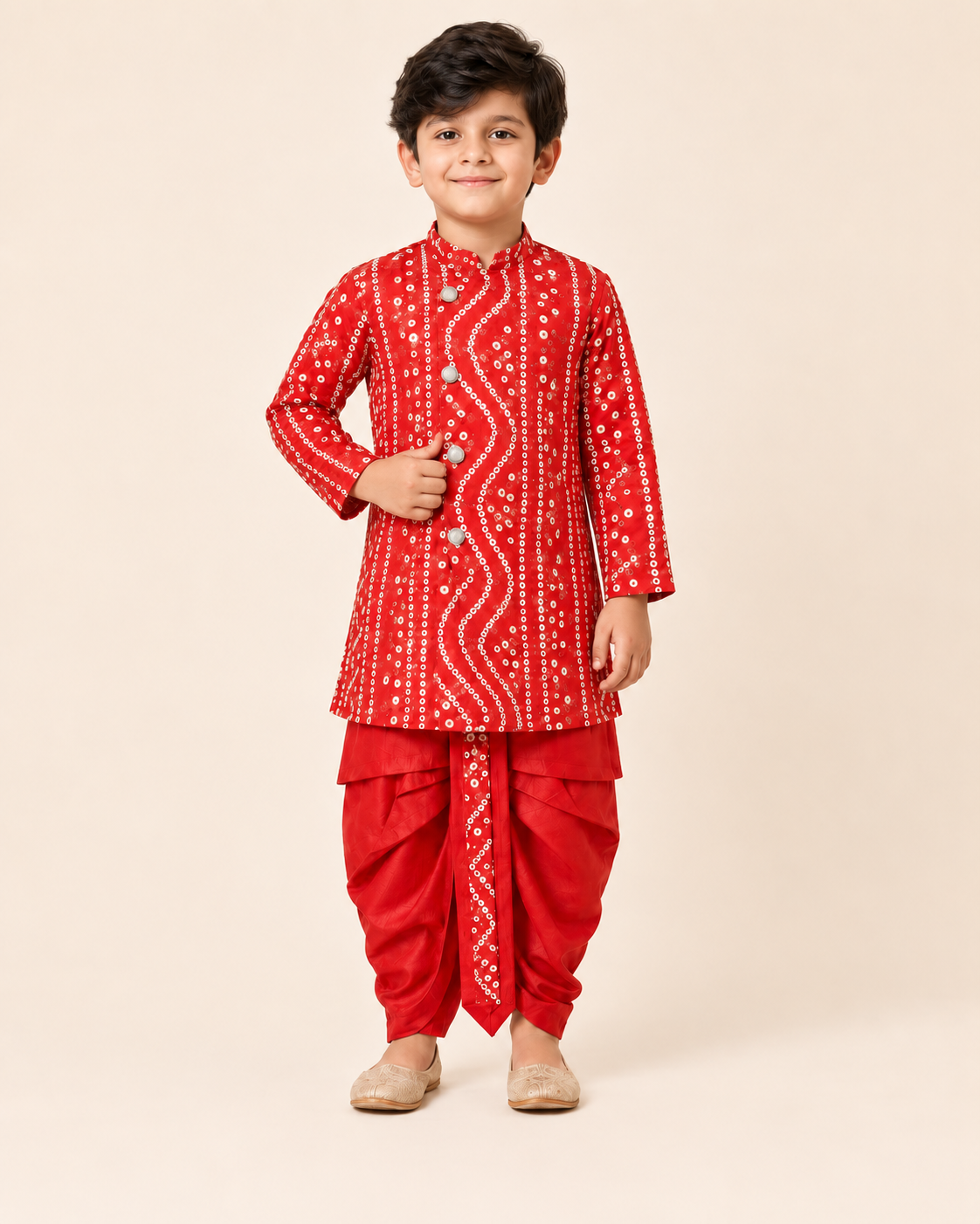 Boys Red Bandhani Print Kurta Dhoti Set