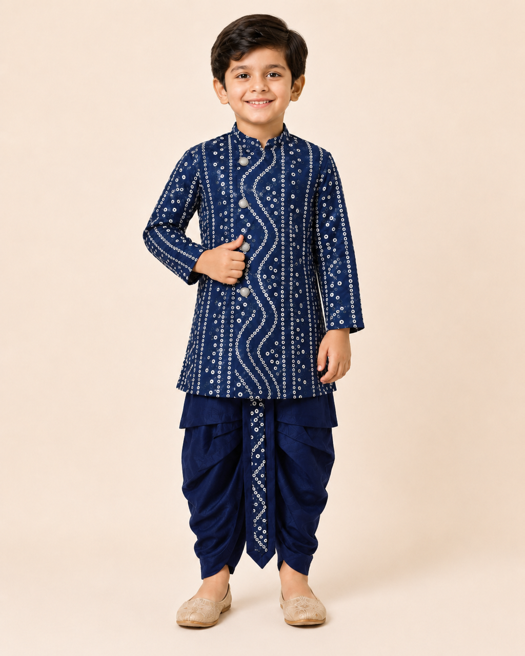 Boys Blue Bandhani Print Kurta Dhoti Set