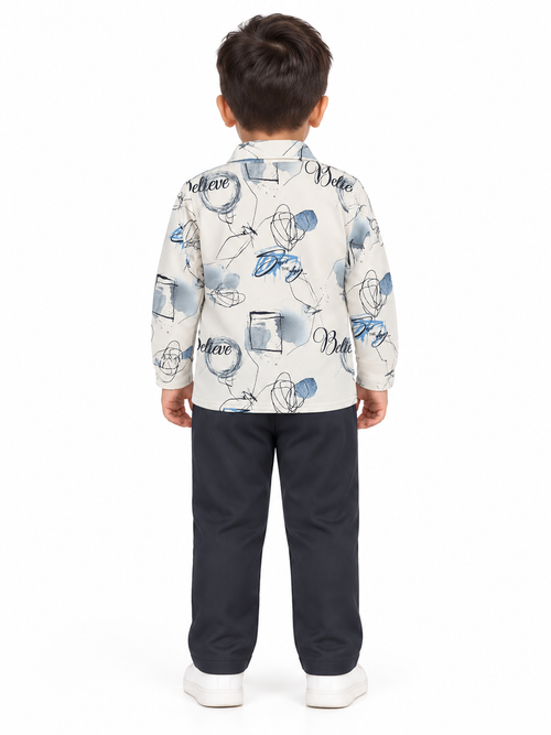 Boys Blue Doodle Print Shirt & Black Trouser Set