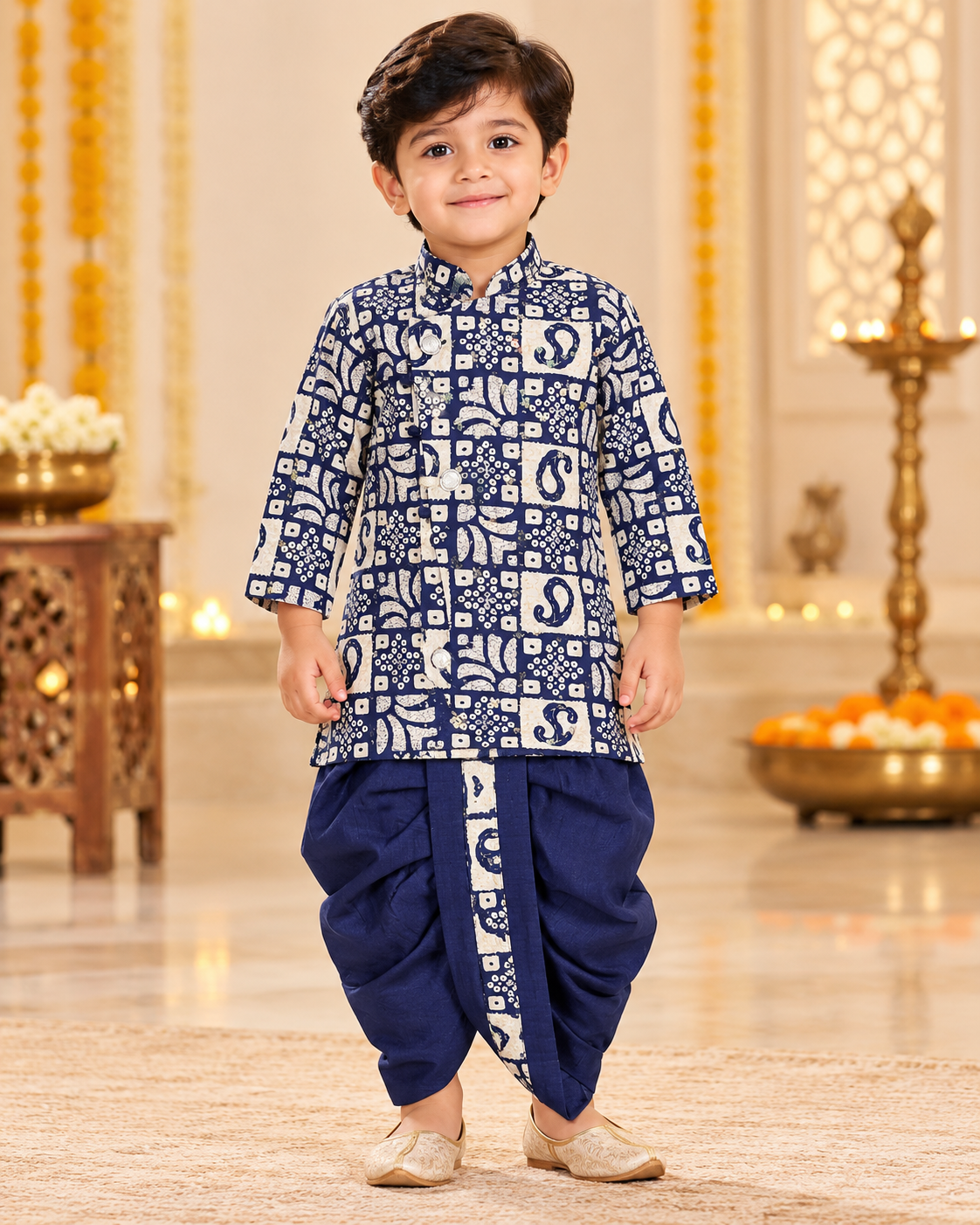 Boys Blue Bandhani New Print Kurta Dhoti Set