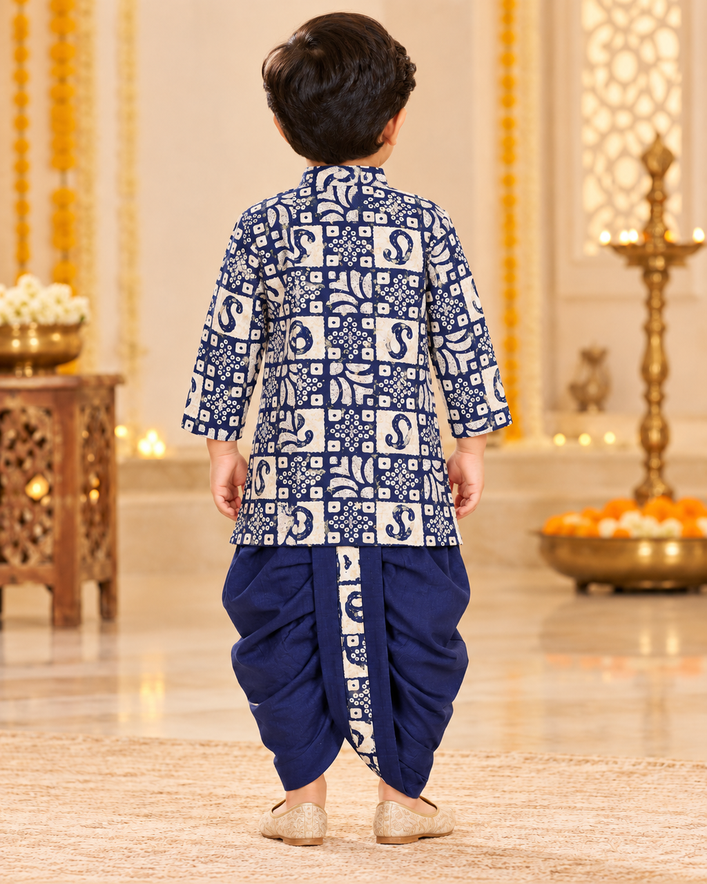 Boys Blue Bandhani New Print Kurta Dhoti Set