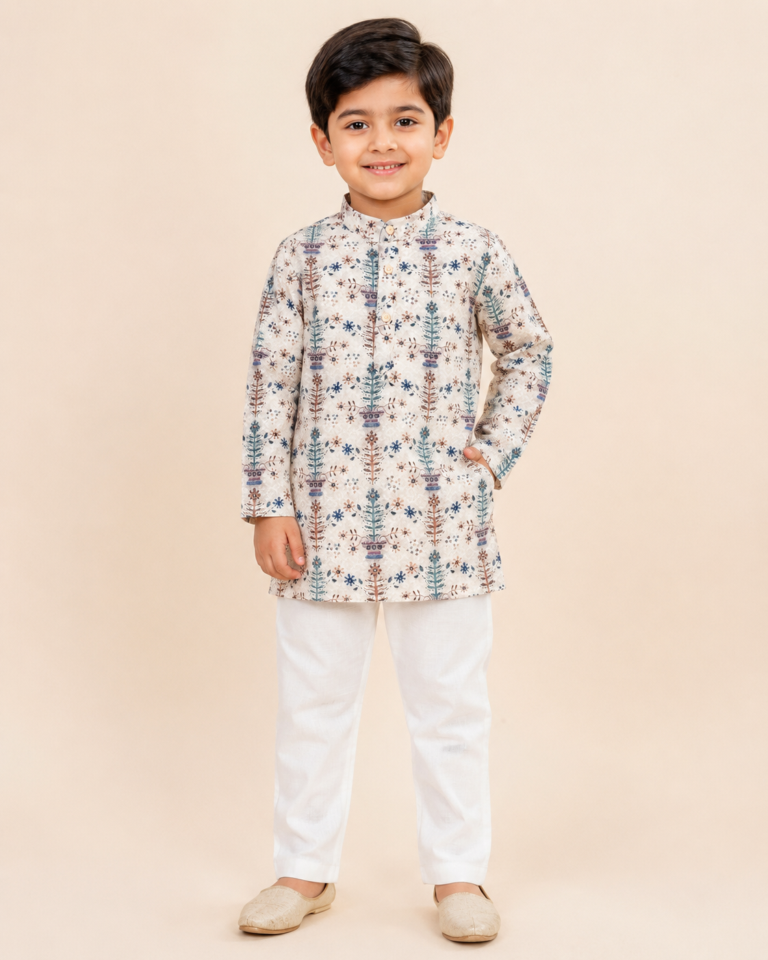 Boys Printed Cotton Blend Kurta Pyjama Set for Kids