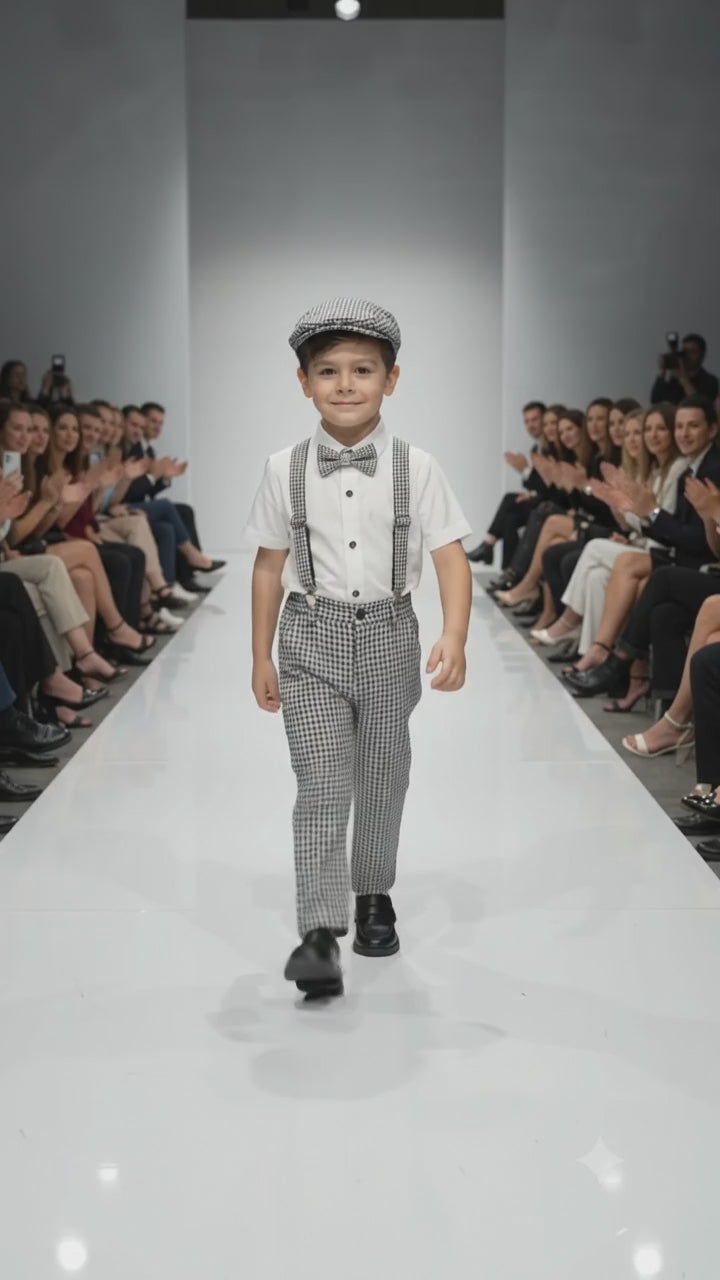 Boys Houndstooth Party Set – Tee, Trousers, Suspenders, Bow Tie & Cap