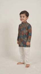 Boys Printed Cotton Blend Kurta Pyjama Set for Kids