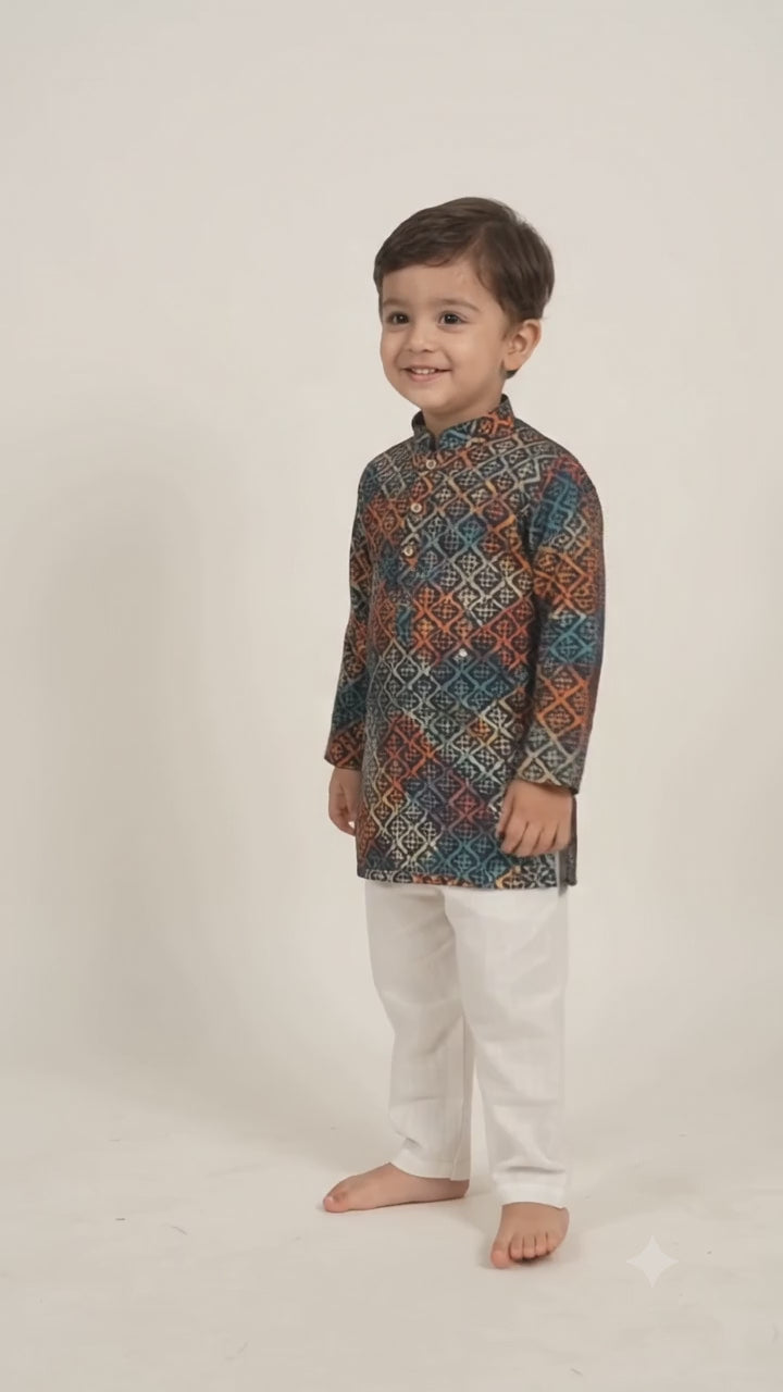 Boys Printed Cotton Blend Kurta Pyjama Set for Kids