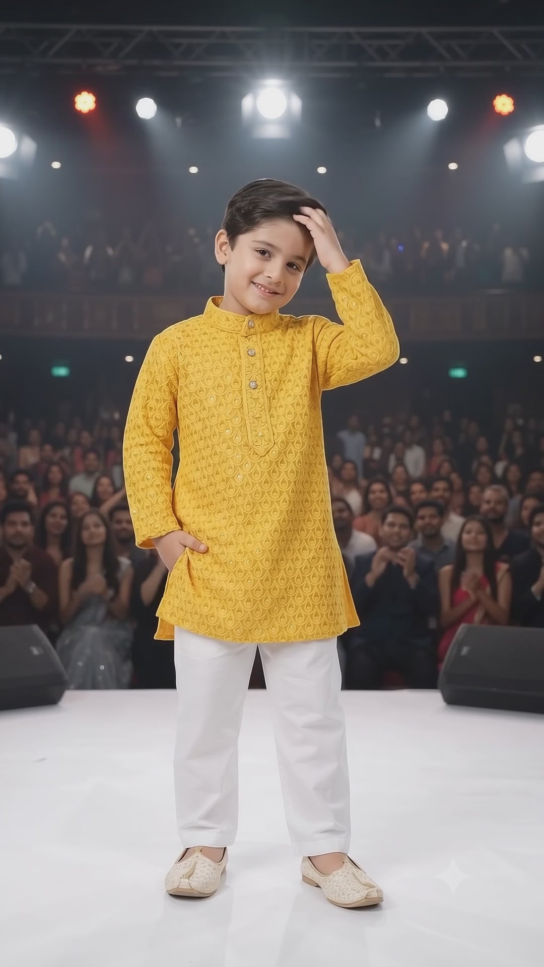 Boys Yellow Embroidered Cotton Blend Kurta Pyjama Set