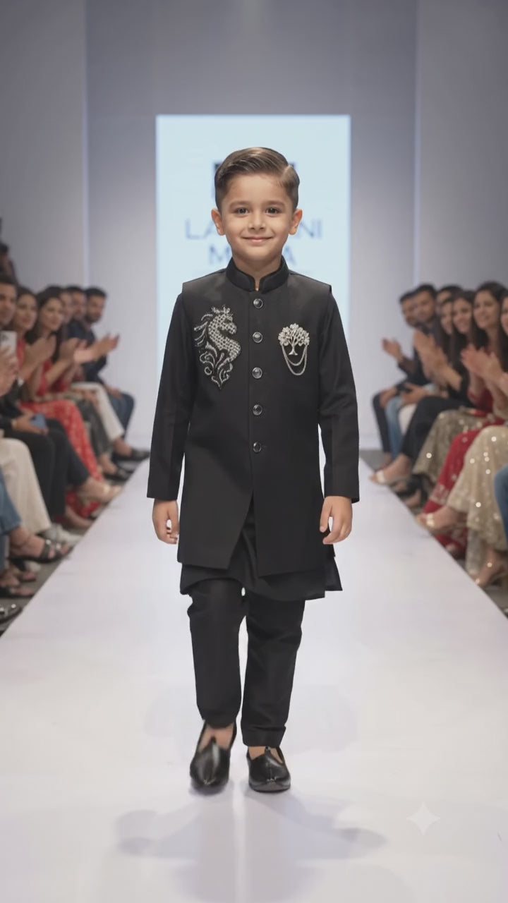 Boys Black Embroidered Nehru Jacket Kurta Pyjama Set