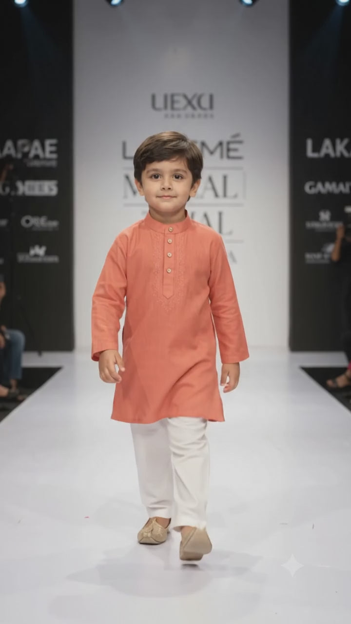 Boys Coral Solid Cotton Blend Kurta Pyjama Set