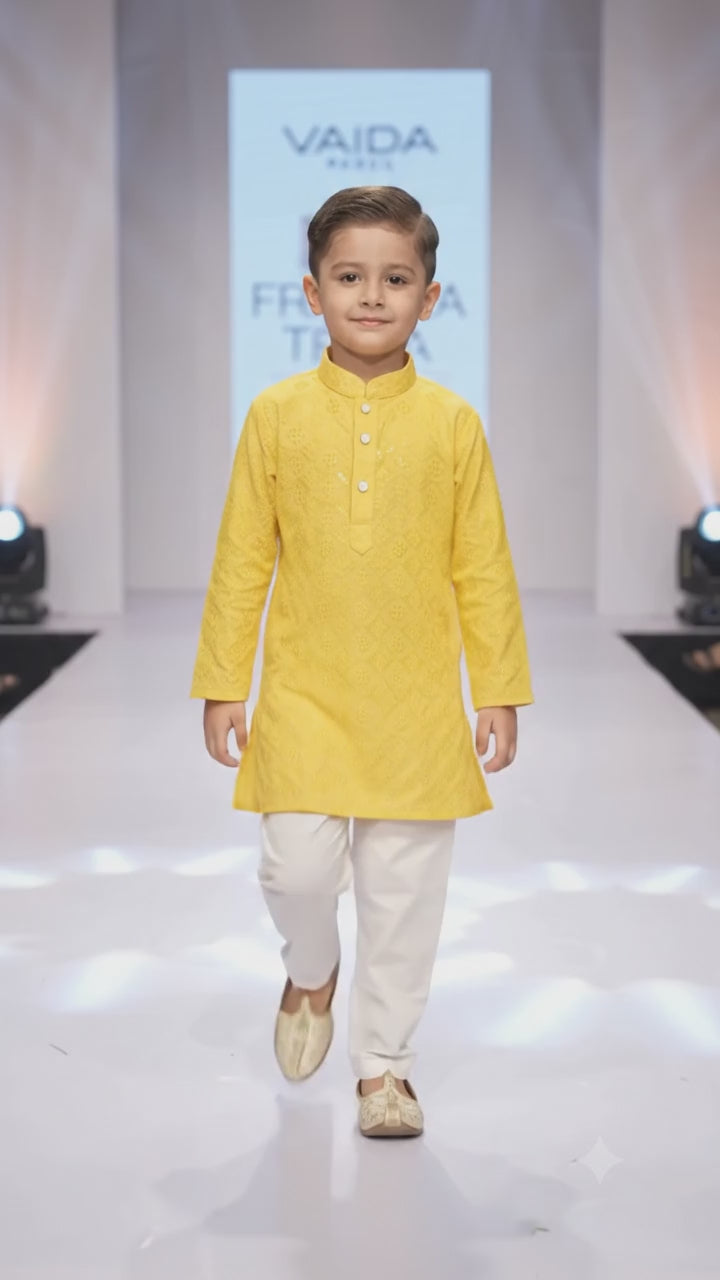 Boys Yellow Embroidered Cotton Blend Kurta Pyjama Set